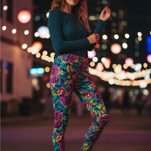 LuLaRoe Vibrant Floral Leggings - Purple, Yellow, Green